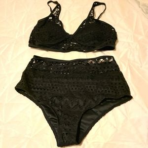 New black lace overlay high waist bikini